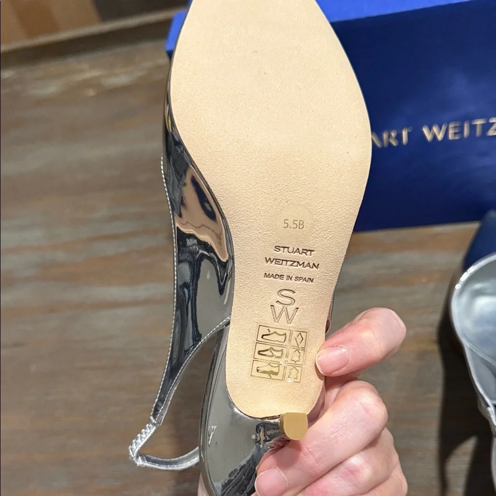 Stuart Weitzman Eva 50 Slingback Pumps 5.5 NIB Silver Metallic Luxury Heels $475